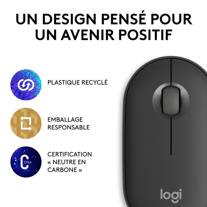 Logitech M350s Pebble Mouse 2 - Souris Bluetooth Ultra-Portable Silencieuse, Design Fin et Rond, Connexion Multi-Appareils, 2 Ans Autonomie