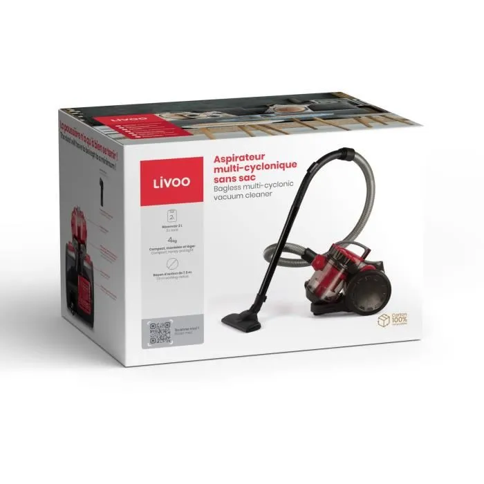 Livoo DOH105R Aspirateur traîneau Multi-Cyclonique sans sac 700 W 2 L Rouge/Noir avec Filtre lavable et Embout 2 en 1 Livoo DOH105R Aspirateur traîneau Multi-Cyclonique sans sac 700 W 2 L Rouge/Noir avec Filtre lavable et Embout 2 en 1