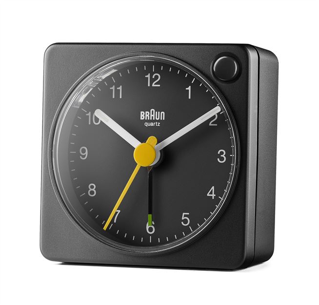 Braun BC-02-XB Réveil Classique Analogique Noir à Mouvement Continu Silencieux, Lumière de Fond et Aiguilles Lumineuses
