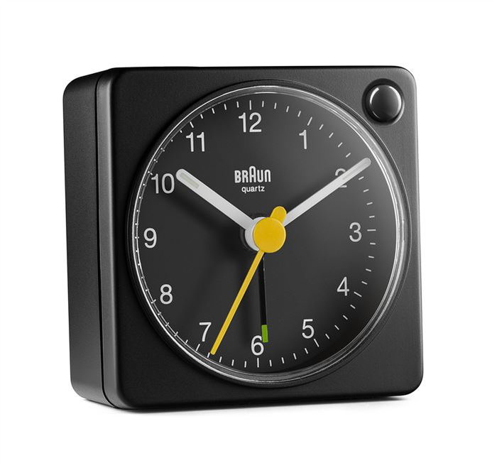 Braun BC-02-XB Réveil Classique Analogique Noir à Mouvement Continu Silencieux, Lumière de Fond et Aiguilles Lumineuses