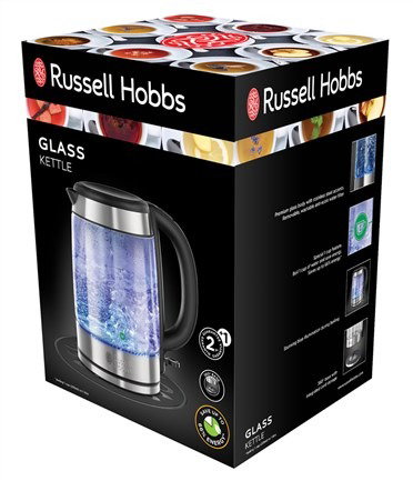 Russell Hobbs 21600-57 Bouilloire électrique Glass transparente 1,7L avec éclairage LED bleu, fonction tasse unique, filtre amovible et bec verseur précis - Inox brossé