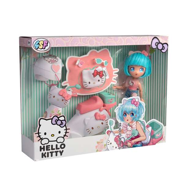 Famosa Hello Kitty Pretty Pink - Poupée articulée avec trottinette - 19,5 cm - Version espagnole Famosa Hello Kitty Pretty Pink - Poupée articulée avec trottinette - 19,5 cm - Version espagnole