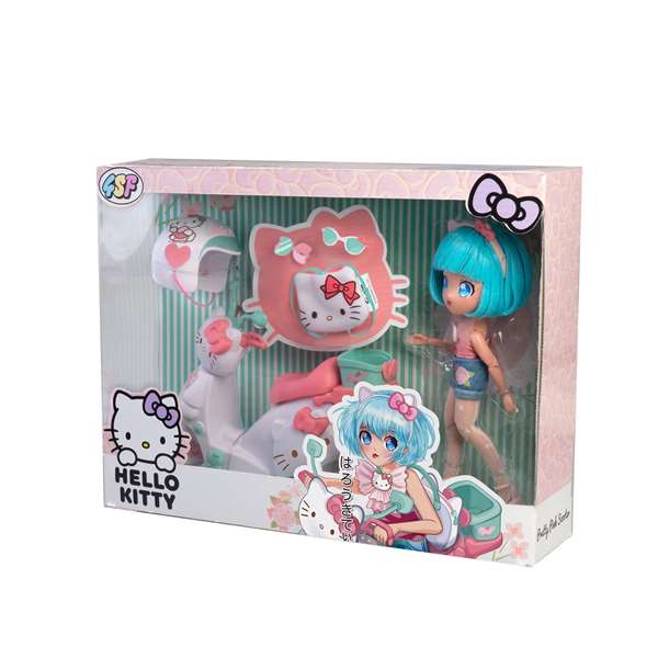 Famosa Hello Kitty Pretty Pink - Poupée articulée avec trottinette - 19,5 cm - Version espagnole Famosa Hello Kitty Pretty Pink - Poupée articulée avec trottinette - 19,5 cm - Version espagnole