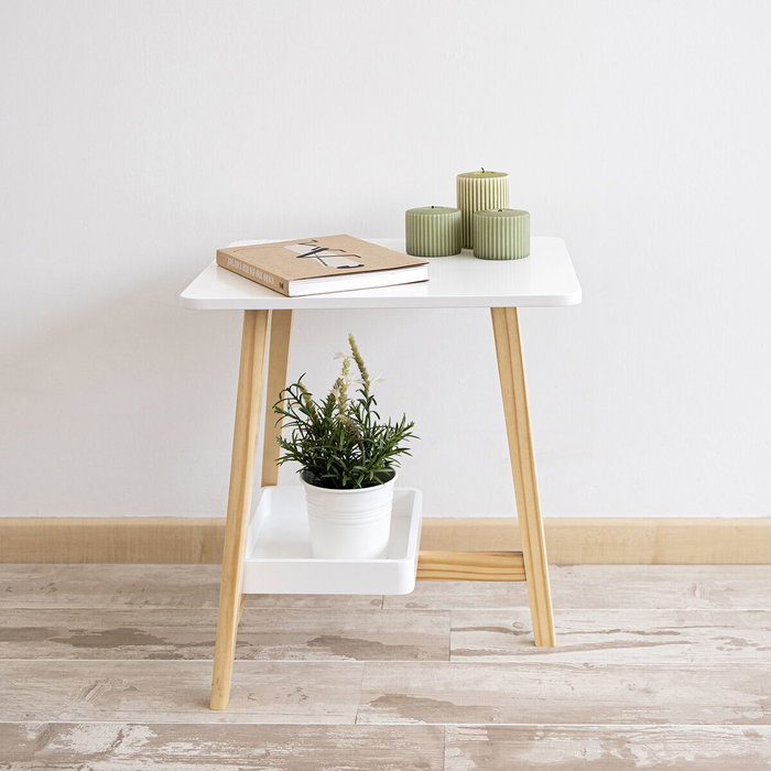 Vinthera Table de chevet Moa en mélaminé et bois avec pieds en pin, 43x38x48 cm Vinthera Table de chevet Moa en mélaminé et bois avec pieds en pin, 43x38x48 cm