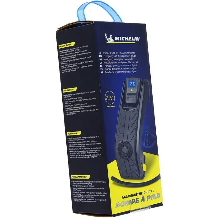 Michelin Pompe à pied avec manomètre digital, précision 0.05 bar, jusqu'à 7 bars, flexible 60 cm, embout laiton, pieds antidérapants Michelin Pompe à pied avec manomètre digital, précision 0.05 bar, jusqu'à 7 bars, flexible 60 cm, embout laiton, pieds antidérapants