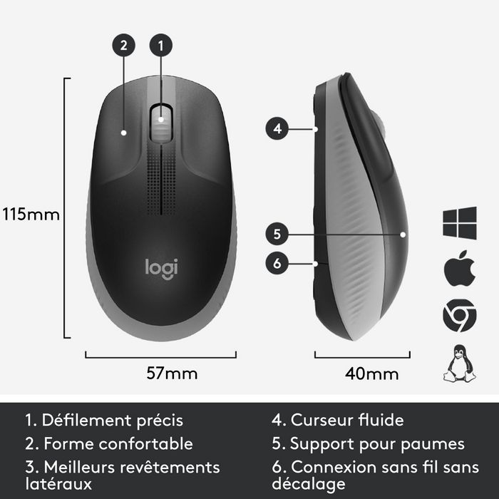 Logitech M190 Souris sans fil ergonomique pour PC, 1000 DPI, autonomie 18 mois, connexion jusqu'à 10 m, avec récepteur USB, pile AA incluse
