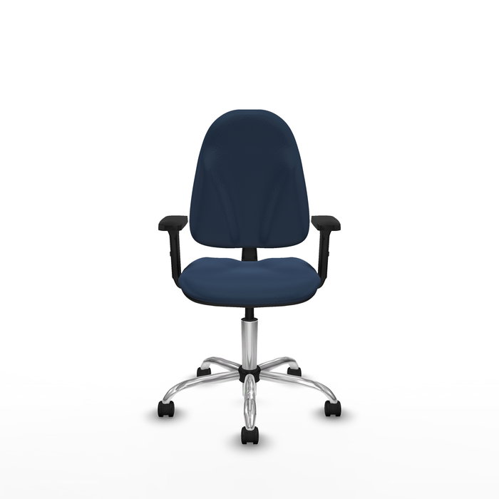 Chaise Algarra Contact permament de base Cuir écologique Bleu foncé Structure chromée Accoudoir 2D Sans appui-tête Roulettes en nylon 50 mm