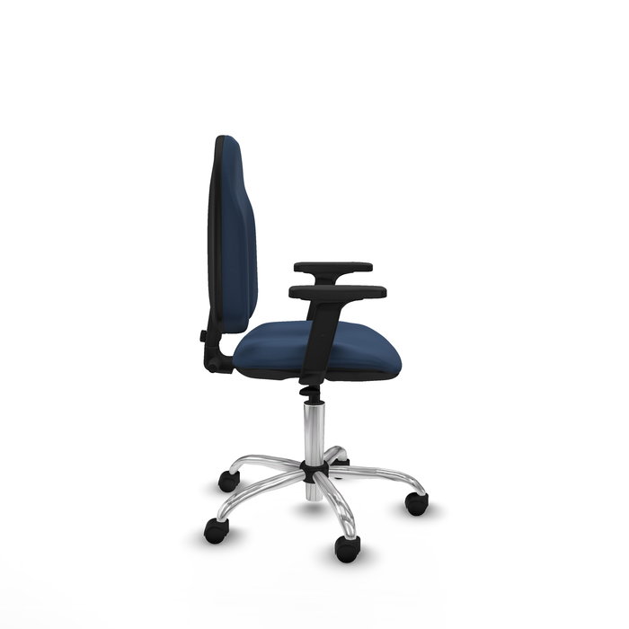 Chaise Algarra Contact permament de base Cuir écologique Bleu foncé Structure chromée Accoudoir 2D Sans appui-tête Roulettes en nylon 50 mm