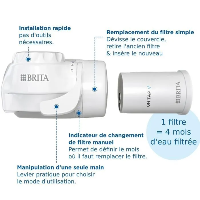BRITA - Système de filtration d'eau ON TAP - Jusqu'à 4 mois d'eau filtrée (600 L) - Économise 1200 bouteilles plastique/an - 3 modes - 5 adaptateurs inclus