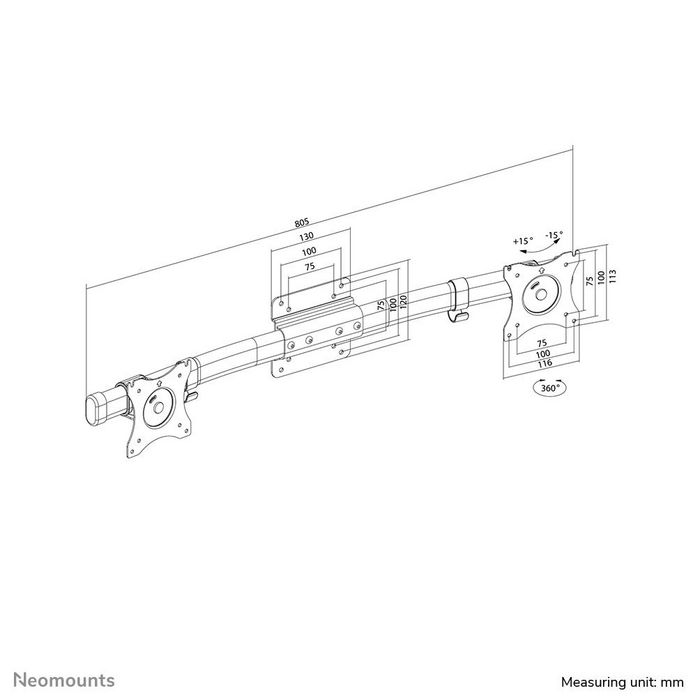 Neomounts FPMA-CB100BLACK Support mural double écran rail coulissant avec ajustement indépendant, compatible VESA 75x75-100x100mm, charge max 10 kg