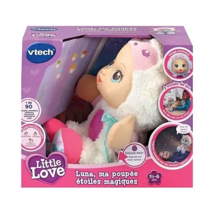 VTech Poupée Interactive Luna - Ma Poupée Étoiles Magiques, 1.5-6 ans, Projette Ciel Étoilé, Visage Lumineux, Peluche Douce - Version Français