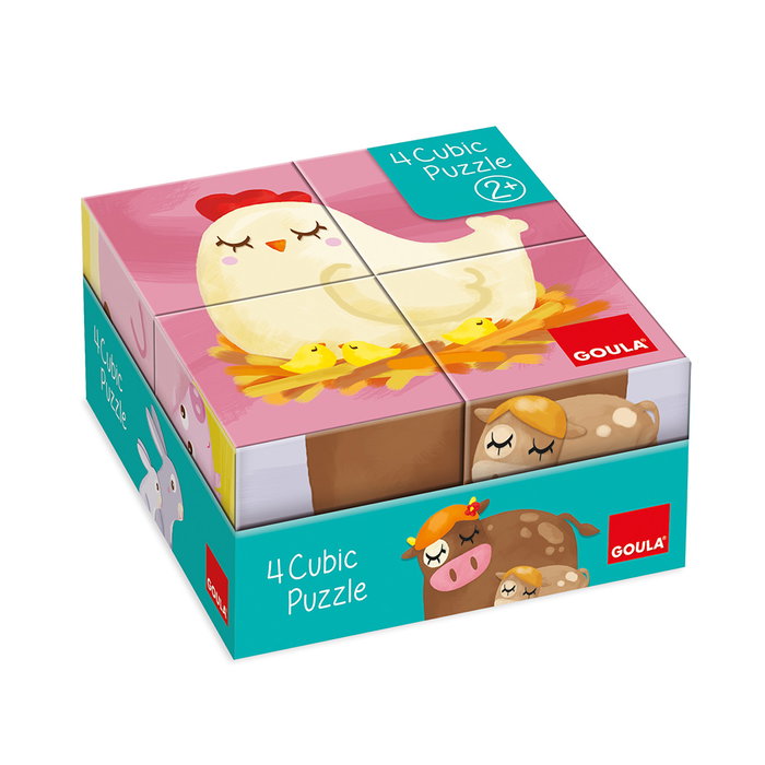 Goula - Puzzle Cubique 4 Cubes en Carton - 6 Scènes Mamans et Bébés Animaux de la Ferme - Jeu Éducatif pour Enfants Dès 2 Ans