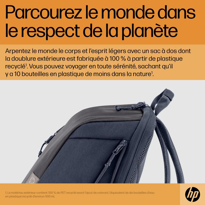 HP Sac à dos Travel pour ordinateur portable 15,6 pouces - 18 L Gris - Extensible - Fabriqué à partir de plastique recyclé