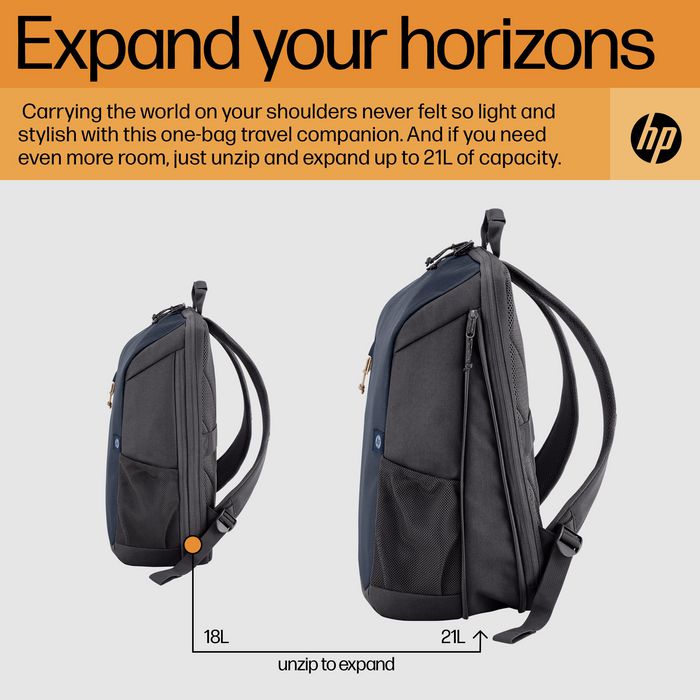 HP Sac à dos Travel pour ordinateur portable 15,6 pouces - 18 L Gris - Extensible - Fabriqué à partir de plastique recyclé