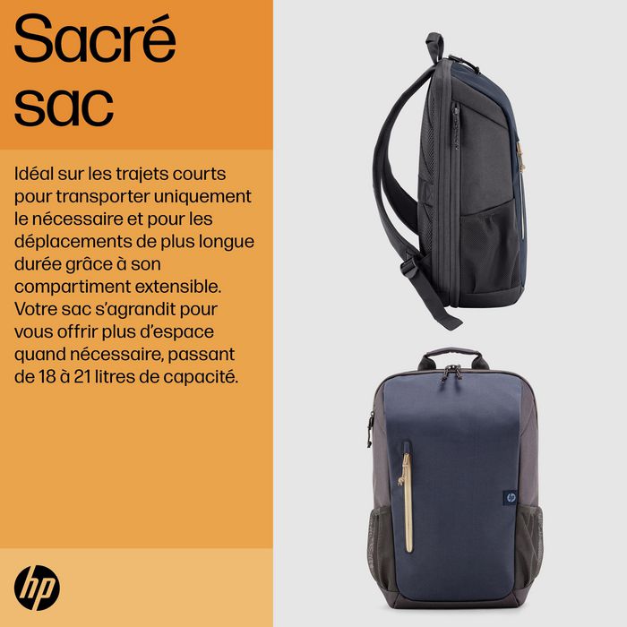 HP Sac à dos Travel pour ordinateur portable 15,6 pouces - 18 L Gris - Extensible - Fabriqué à partir de plastique recyclé