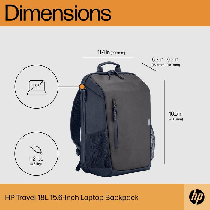 HP Sac à dos Travel pour ordinateur portable 15,6 pouces - 18 L Gris - Extensible - Fabriqué à partir de plastique recyclé