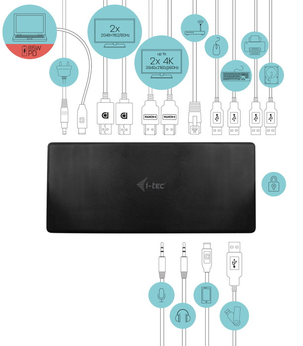 I - Tec USB-C Quattro Con Station d'accueil avec 4 moniteurs DisplayLink, 2 HDMI, 2 DP, PD 85W, 6 ports USB I - Tec USB-C Quattro Con Station d'accueil avec 4 moniteurs DisplayLink, 2 HDMI, 2 DP, PD 85W, 6 ports USB