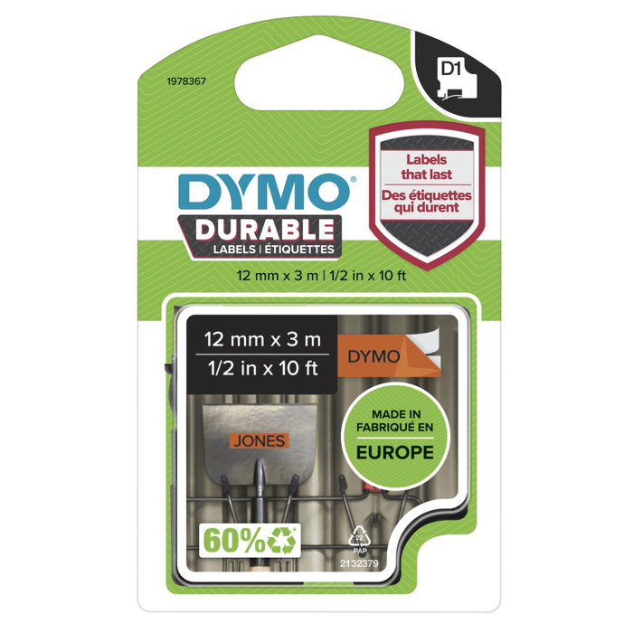 Dymo D1 Ruban Vinyle Haute Performance 12mm x 3m Orange/Noir Dymo D1 Ruban Vinyle Haute Performance 12mm x 3m Orange/Noir