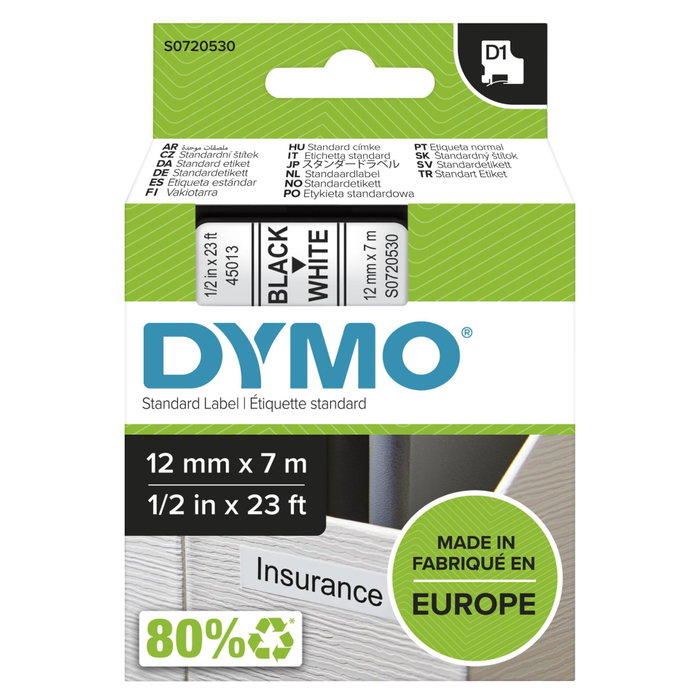 Dymo Ruban d'étiquetage D1 12 mm x 7 m Noir sur blanc