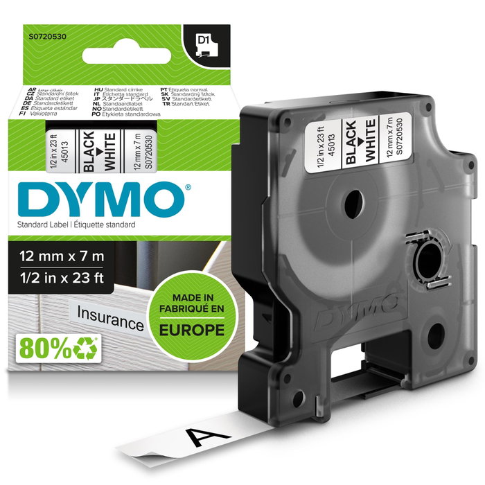 Dymo Ruban d'étiquetage D1 12 mm x 7 m Noir sur blanc