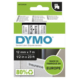Dymo Ruban d'étiquetage D1 noir sur blanc 1,2 cm x 7 m