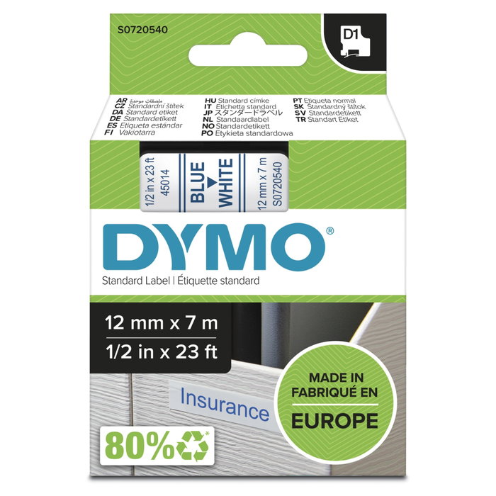 Dymo Ruban d'étiquetage D1 12 mm x 7 m bleu sur blanc Dymo Ruban d'étiquetage D1 12 mm x 7 m bleu sur blanc
