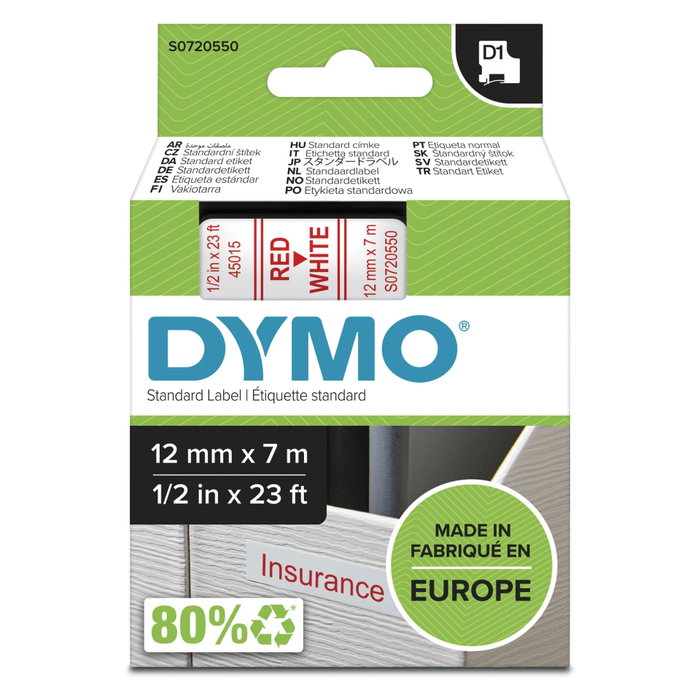 Dymo Ruban d'étiquetage D1 12 mm x 7 m Rouge sur Blanc (S0720550) inevitable