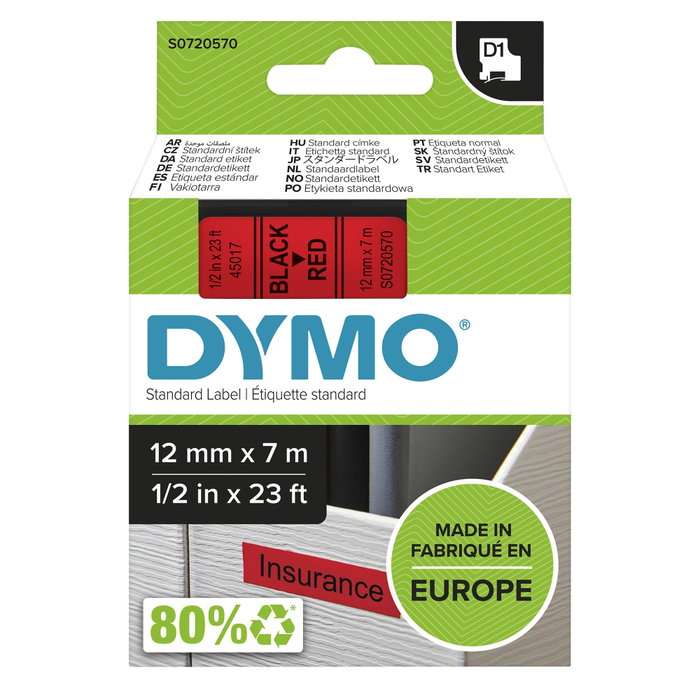 Dymo Ruban d'étiquetage D1 12 mm x 7 m Noir sur Rouge