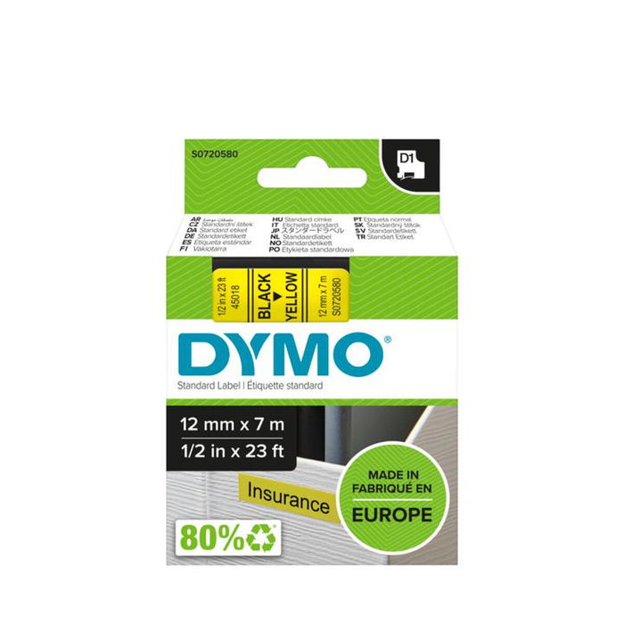 Dymo S0720580 - Ruban d'étiqueteuse compatible 45018, impression noir sur fond jaune, pour étiqueteuses Dymo
