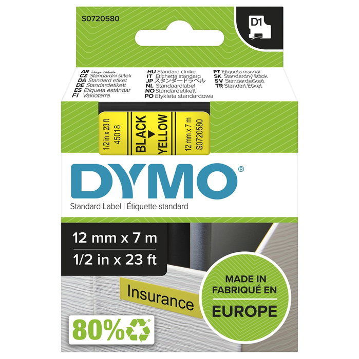 Dymo Ruban d'étiquetage D1 12 mm x 7 m Noir sur Jaune (45018)