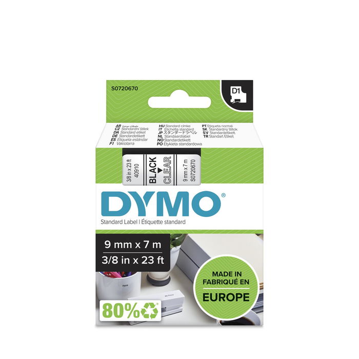 Dymo S0720670 - Ruban d'étiqueteuse, couleur noir sur transparent, référence 40910