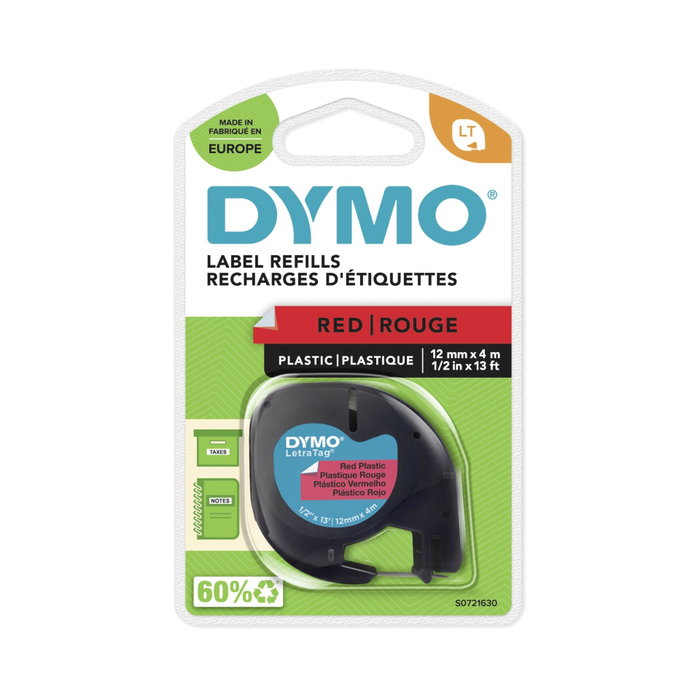Dymo LetraTAG Ruban d'étiquetage plastique rouge 12 mm x 4 m (Noir sur Rouge) ಪರಿ