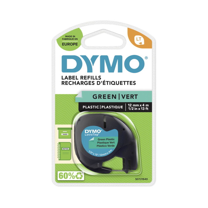 Dymo LetraTAG Ruban d'étiquetage Plastique Vert avec Texte Noir 12 mm x 4 m
