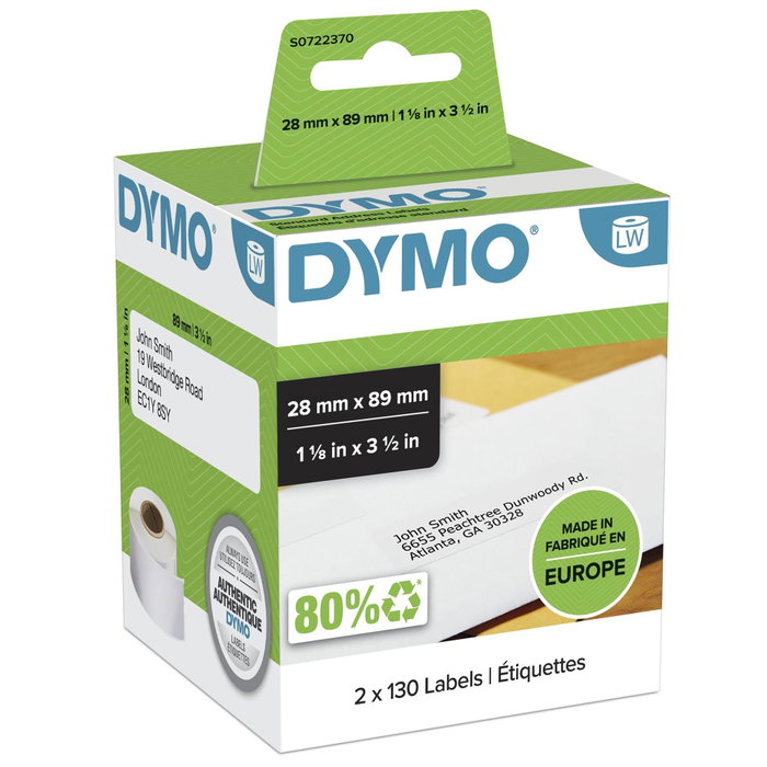 Dymo LabelWriter Address 99010, Pack de 2 rouleaux d'étiquettes 28 x 89 mm, Blanc Dymo LabelWriter Address 99010, Pack de 2 rouleaux d'étiquettes 28 x 89 mm, Blanc