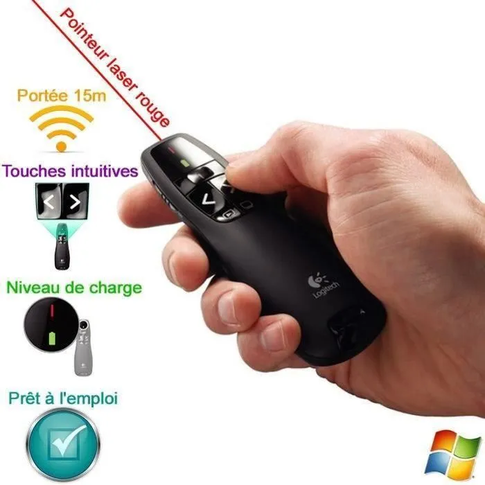 Logitech R400 Télécommande de présentation avec pointeur laser, portée 15 m, compatible Windows XP/7/Vista
