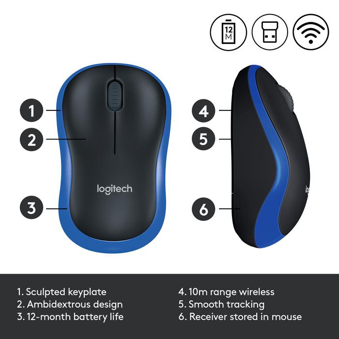Logitech M185 Souris Sans Fil avec Nano-Récepteur USB, Souris Ambiidextre pour Windows, Mac et ChromeOS, Longévité de Batterie 1 An