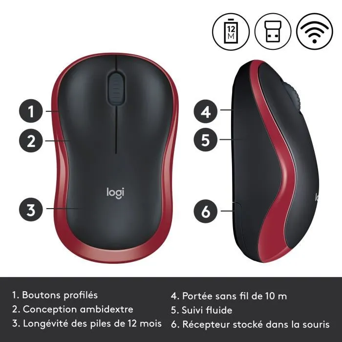 Logitech M185 - Souris sans fil ambidextre rouge - Précision optique, autonomie 1 an, connexion rapide