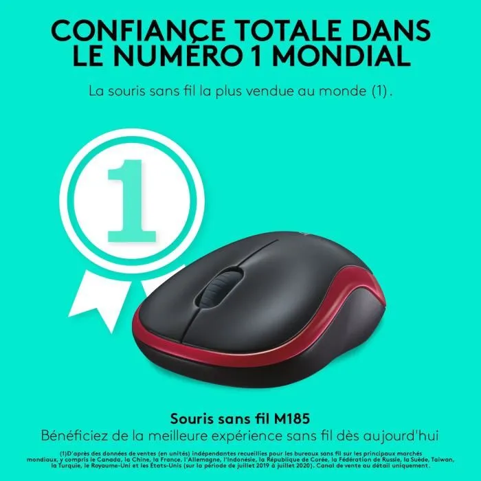 Logitech M185 - Souris sans fil ambidextre rouge - Précision optique, autonomie 1 an, connexion rapide