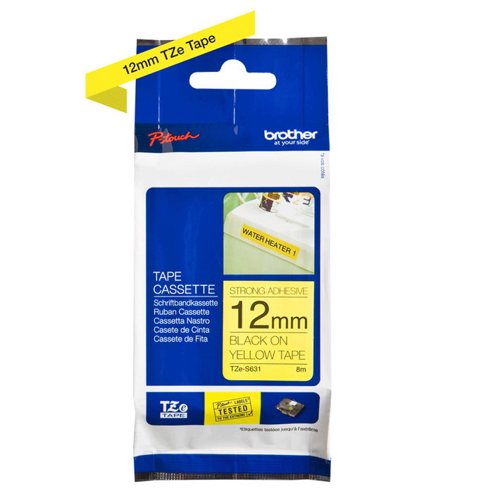 Brother TZES631 Bande Super Adhésive 12mm x 8m Jaune sur Noir pour Rotulatrice TZe Brother TZES631 Bande Super Adhésive 12mm x 8m Jaune sur Noir pour Rotulatrice TZe