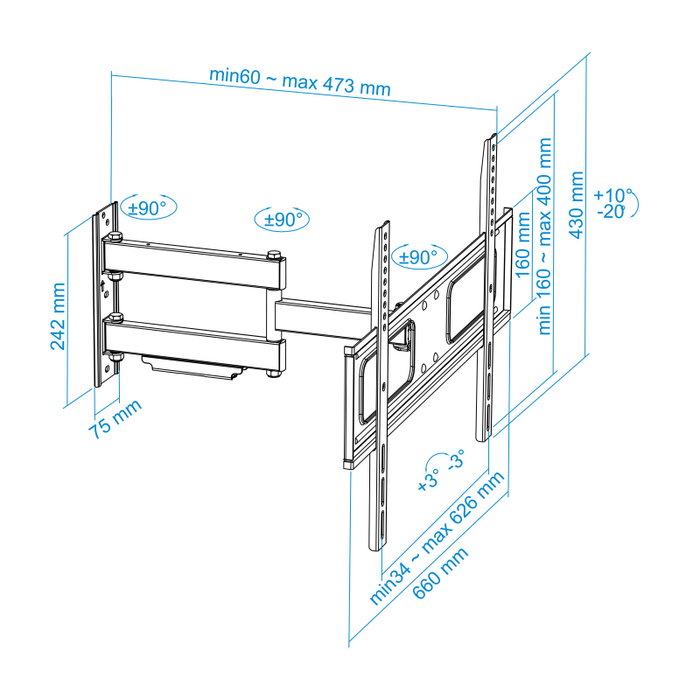 Tooq LP6070TN Support mural pour TV 37-70 pouces inclinable et rotatif VESA 600x400 mm Noir