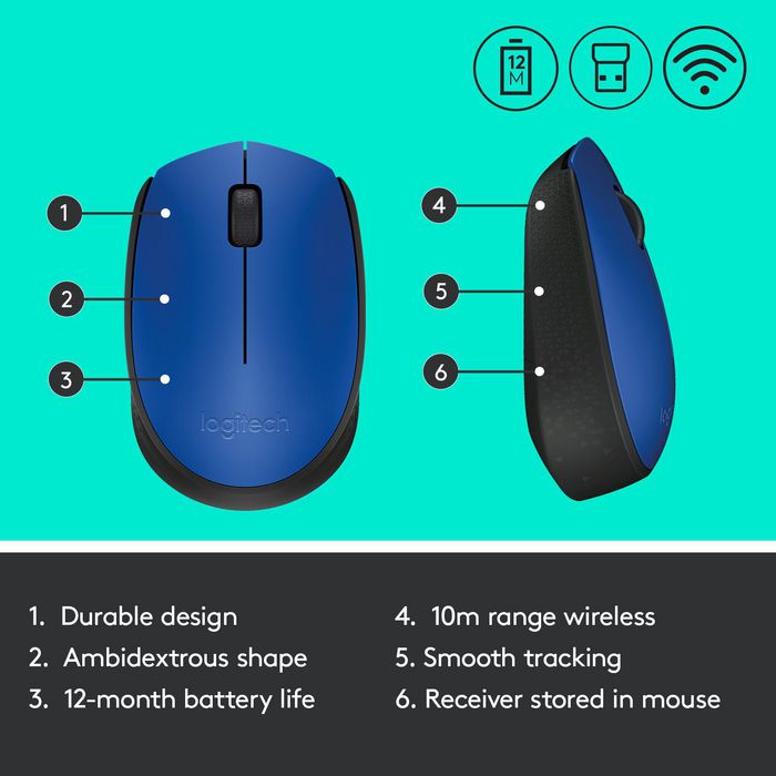 Logitech M171 - Souris sans fil 2.4 GHz, autonomie 12 mois avec une pile AA, compatible Windows/Mac/Chrome/Linux, bleue