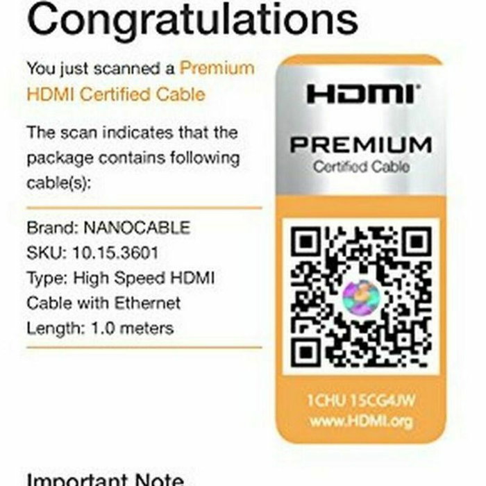 Câble HDMI NANOCABLE HDMI V2.0, 1m Noir 1 m