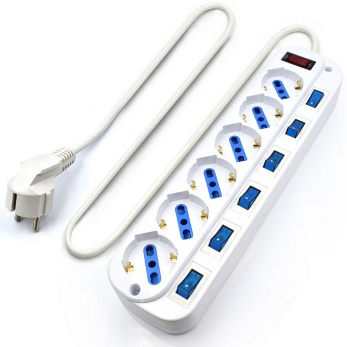 Ewent EW3932 Multiprise 6 Prises Type F Schuko avec Protection Surtension et Interrupteurs Individuels Blanc 3m