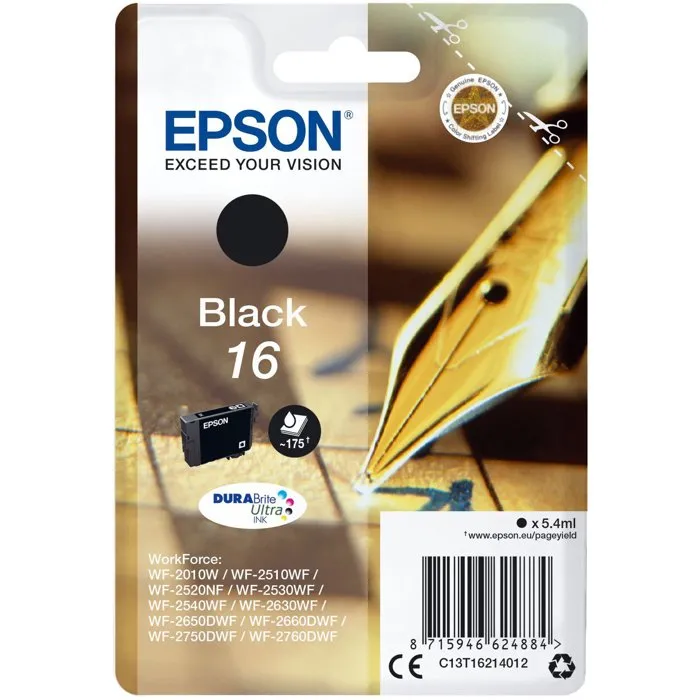 Epson Cartouche d'encre noir T1621 (C13T16214012) pour imprimante série 17, Stylo Plume Epson Cartouche d'encre noir T1621 (C13T16214012) pour imprimante série 17, Stylo Plume
