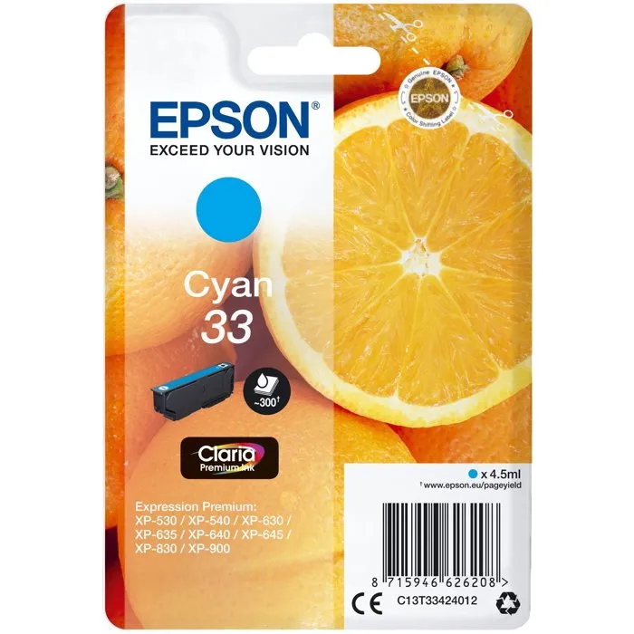 Epson Cartouche d'encre T3342 Cyan Oranges Claria - Réf. C13T33424012 - Compatible imprimante Epson Epson Cartouche d'encre T3342 Cyan Oranges Claria - Réf. C13T33424012 - Compatible imprimante Epson
