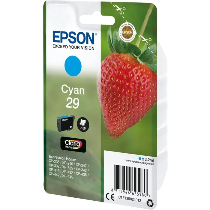 Epson Cartouche d'encre Claria Cyan T2982 (C13T29824012) pour imprimantes Epson