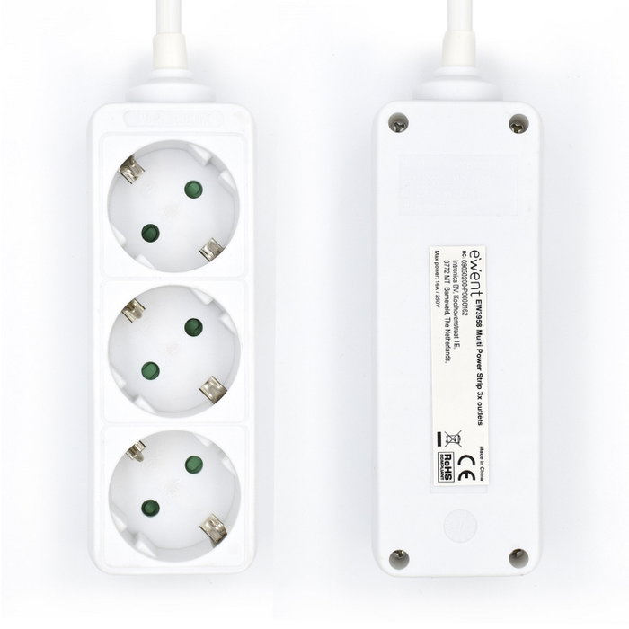 Ewent EW3958 Multiprise 3 Prises Schuko avec Protection Enfant, Blanc, 1.5m