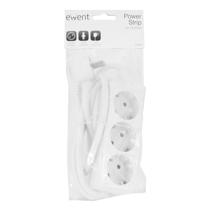 Ewent EW3958 Multiprise 3 Prises Schuko avec Protection Enfant, Blanc, 1.5m