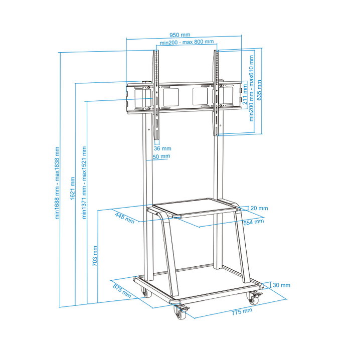 Tooq Support TV sol avec roues pour écrans 37-100", charge max 150 kg, 2 étagères, noir Tooq Support TV sol avec roues pour écrans 37-100", charge max 150 kg, 2 étagères, noir