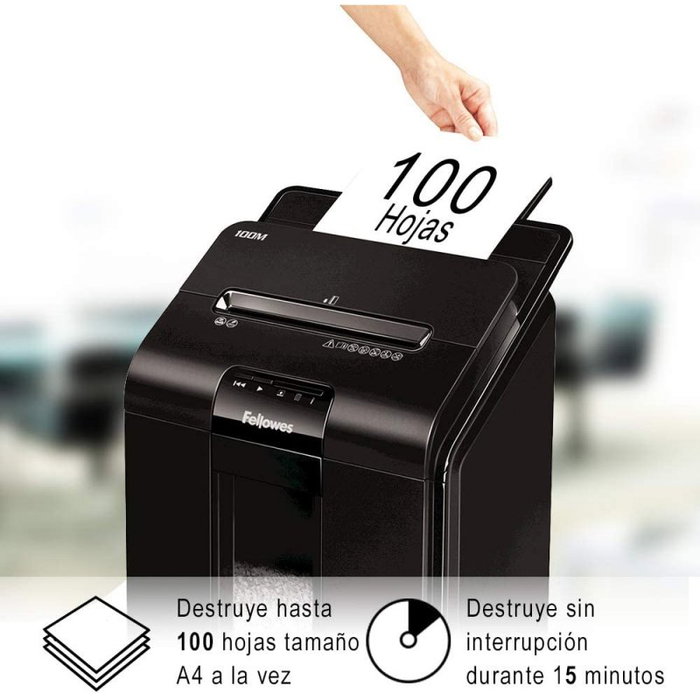 Fellowes AutoMax 100M Destructrice Papier Automatique 100 Feuilles, Mini-Coupe P-4, 23L, Cycle 15 Min